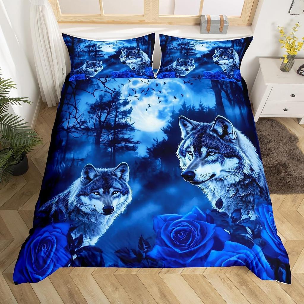 Wolf Warm Comforter Cover King Quen,Safari Animal Beding Set for Young Boys Adult Peoples Wild Wolves Soft Duvet Cover Smoky Mountain Comfortable