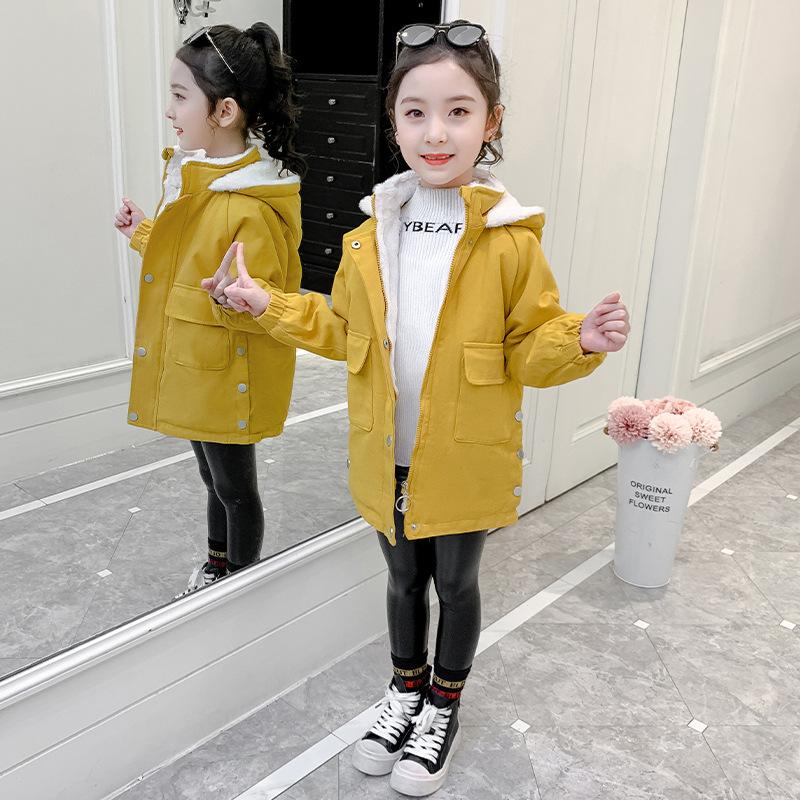 Зимняя ветровка для девочек, осенняя и зимняя одежда, плюс утолщение из бархата, корейская версия куртки с поясом для больших детей, теплая куртка