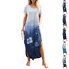 Women's Summer Floral Print Casual Loose Short Sleeve Beach Maxi Split Dress