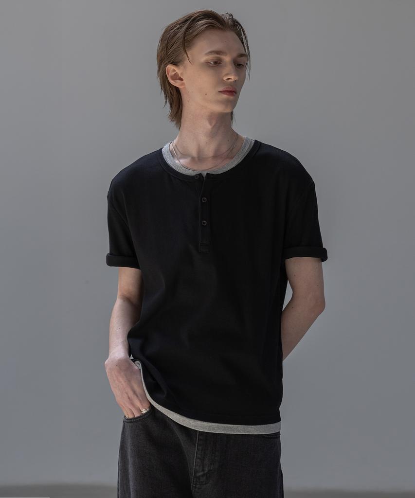 Dekkoloso Простая многослойная футболка-henley с коротким рукавом [Черный]