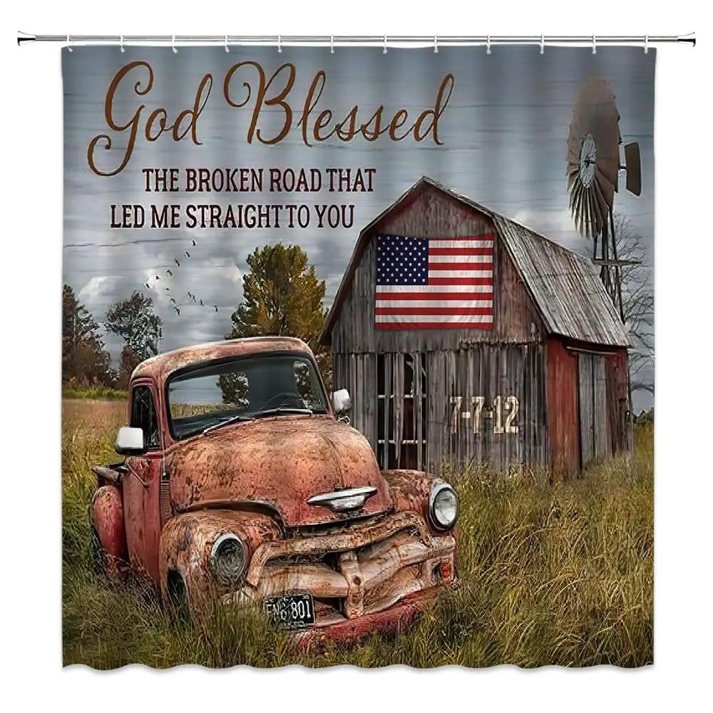 Rustic Shower Curtain Old Wooden Barn with Rusted Tractor Hillside Wooden Fence and Trees Cloth Fabric Bathroom Decor with Hooks