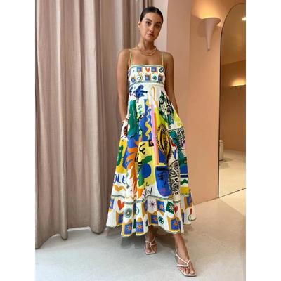 Летние платья Элегантный принт Красочное длинное платье Женское платье на тонких бретельках с высокой талией и открытой спиной Сексуальное женское платье трапециевидной формы Летний пляжный халат для отдыха