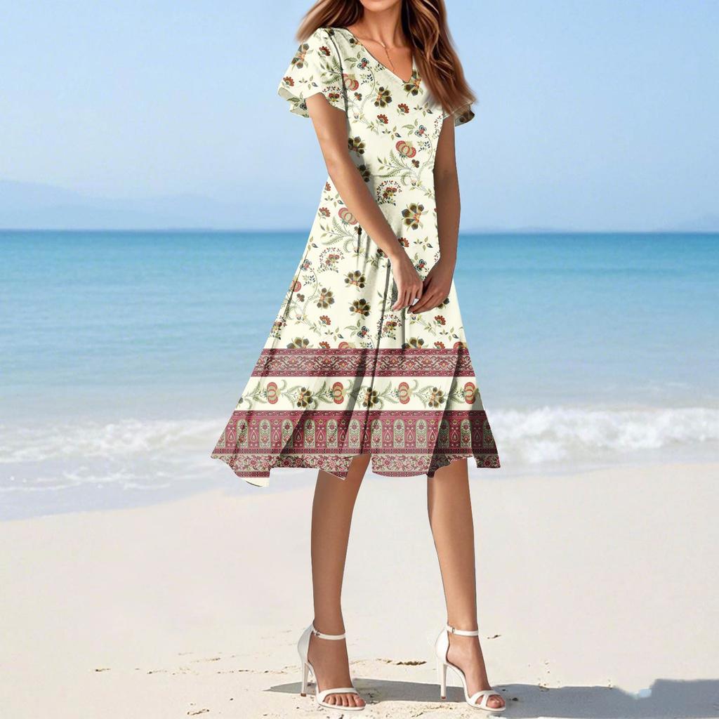 Women's Summer Casual Fashion Flower Print Dress V Neck Short Sleeve Short Skirt