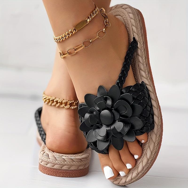 Женские шлепанцы на плоской подошве с цветочным узором, туфли с открытым носком и плетеной лентой в стиле бохо, повседневные нескользящие шлепанцы