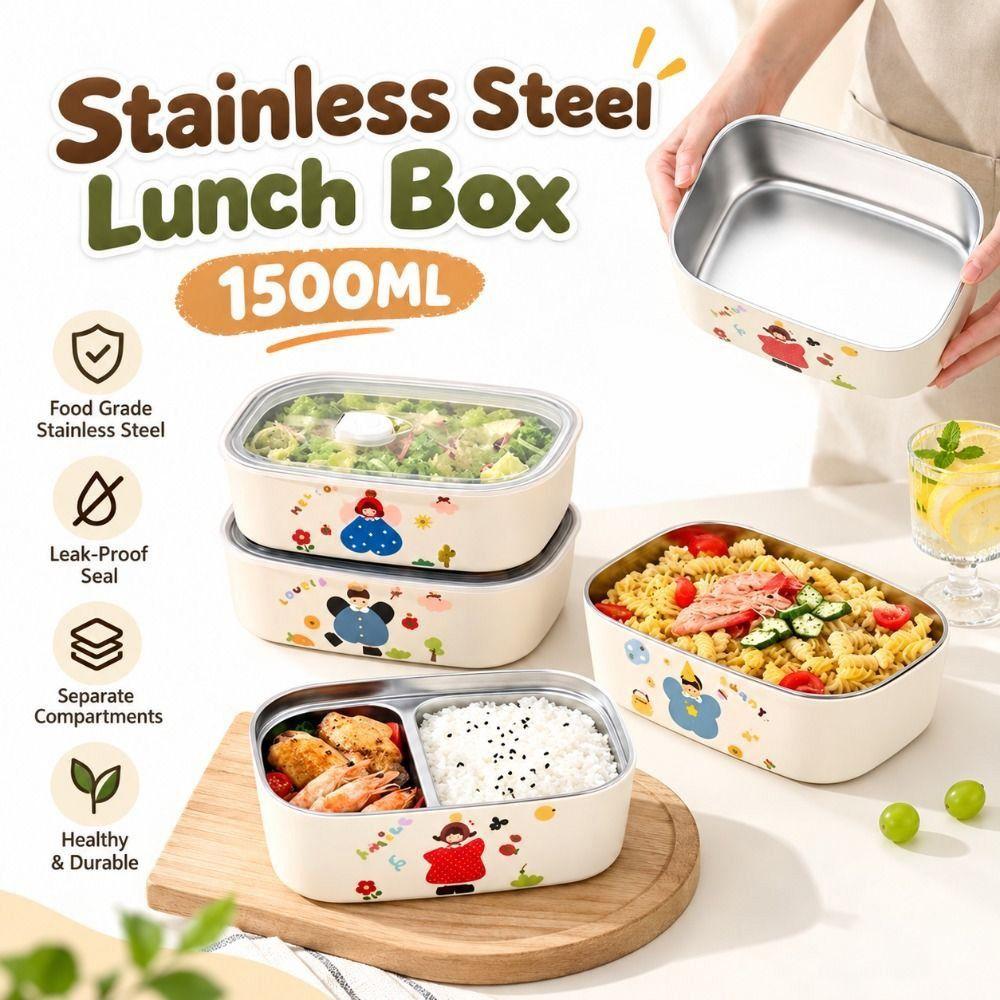 1500ML Meal Container Clear Lid Food Storage Container Stainless Steel Lunch Box Daily Meal Prep