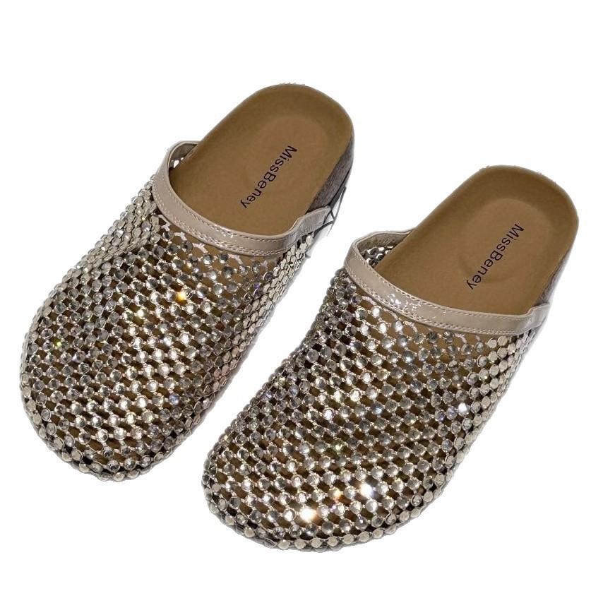 Платформенные женские туфли нишевая кожа отпуск ветер вода бриллиант полушлепки женские 2025 европейская станция повседневная сетчатая плетеная сумка голова шлепки