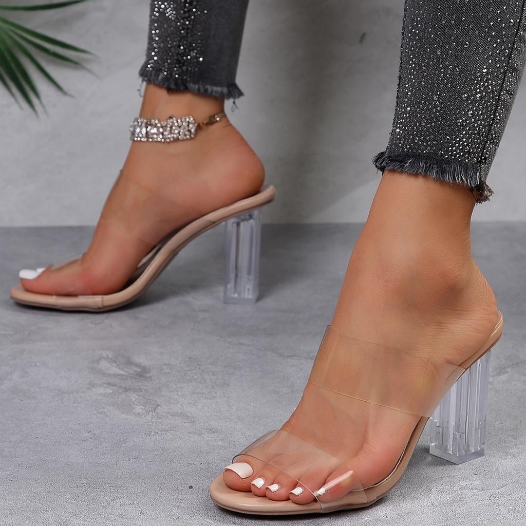 Мода Модные женские босоножки с желеобразным каблуком и кристаллами Прозрачные женские тапочки Сексуальные прозрачные туфли на высоком каблуке Летние босоножки Туфли-лодочки Туфли большого размера