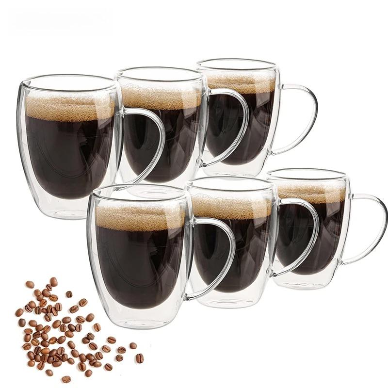 2/4/6 шт. Двустенные стеклянные кофейные кружки объемом 350 мл с ручкой, прозрачные, для капучино, кофе, молока, чая, сока.