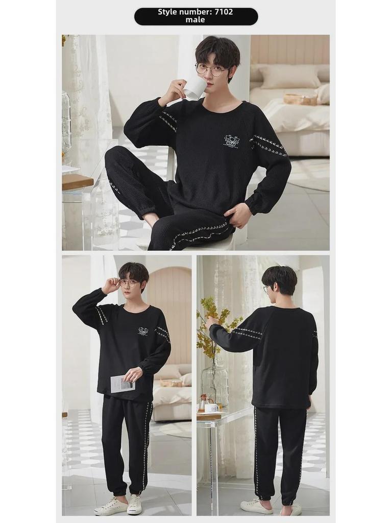 Мужская свободная вафельная пижама с рисунком из мультфильма - длинный рукав, чистый хлопок, большой размер