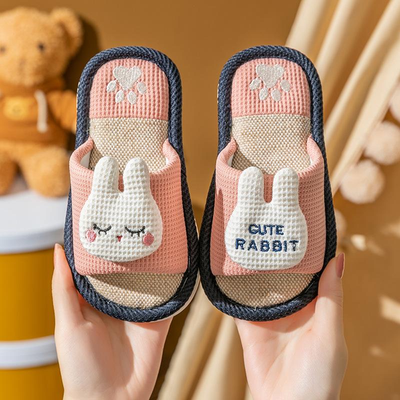 Spring and Autumn Children's Linen Slippers Women's Four Seasons Household Soft Bottom Baby Slippers Cartoon Dinosaur Parent-Child Children's Slip