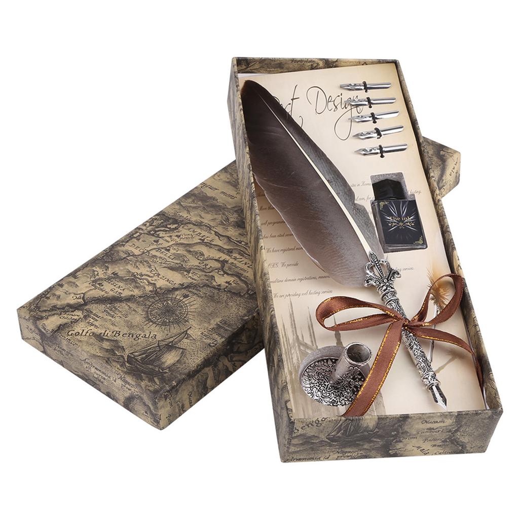 English Calligraphy Feather Dip Quill Pen Writing Ink Set Stationery Gift Box with 5 Nibs