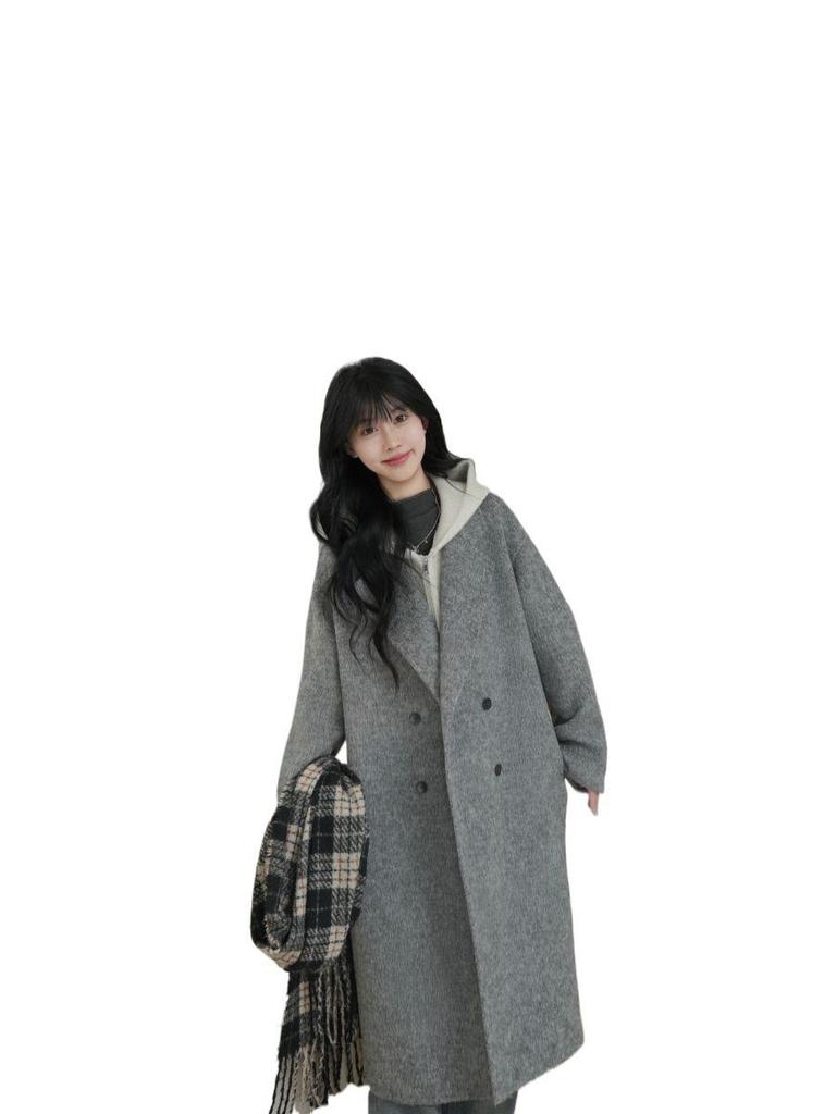 Двустороннее шерстяное пальто в корейском стиле: Элегантная, Универсальная, Свободного кроя, Длинная женская верхняя одежда для осени и зимы
