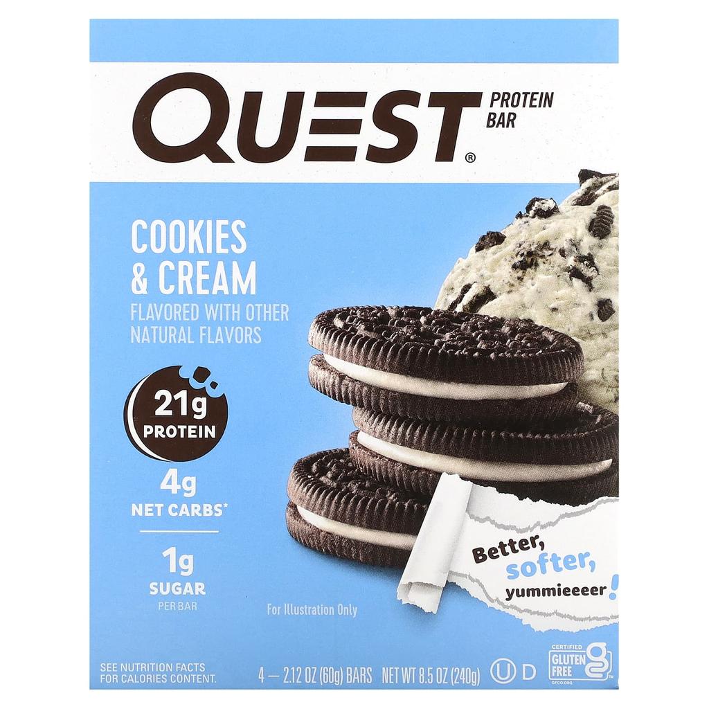 Quest Nutrition Protein Bar, Cookies & Cream, 4 Bars, 60 G (2.12 Oz) Each