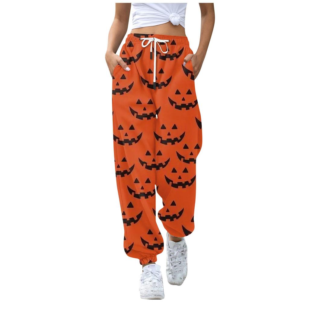 Женские повседневные модные брюки с эластичной резинкой на талии и принтом на Хэллоуин