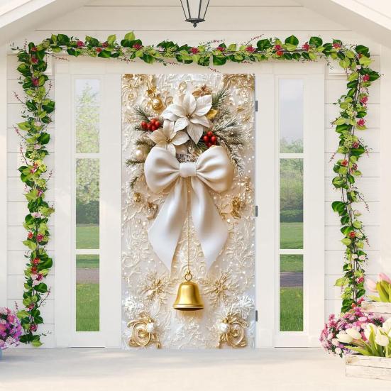 Рождественский чехол на дверь 35x79 дюймов Эластичная ткань Чехол на входную дверь Декоративный бант и колокольчик Вывеска для крыльца Баннер для домашнего декора в помещении и на улице