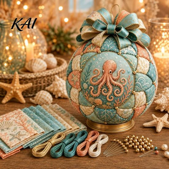 Natural Material Patchwork Ball Ocean Treasures DIY Ornament Kit, Nautical Dolphin Fabric Craft Making Marine Themed Handmade Decoration Set,