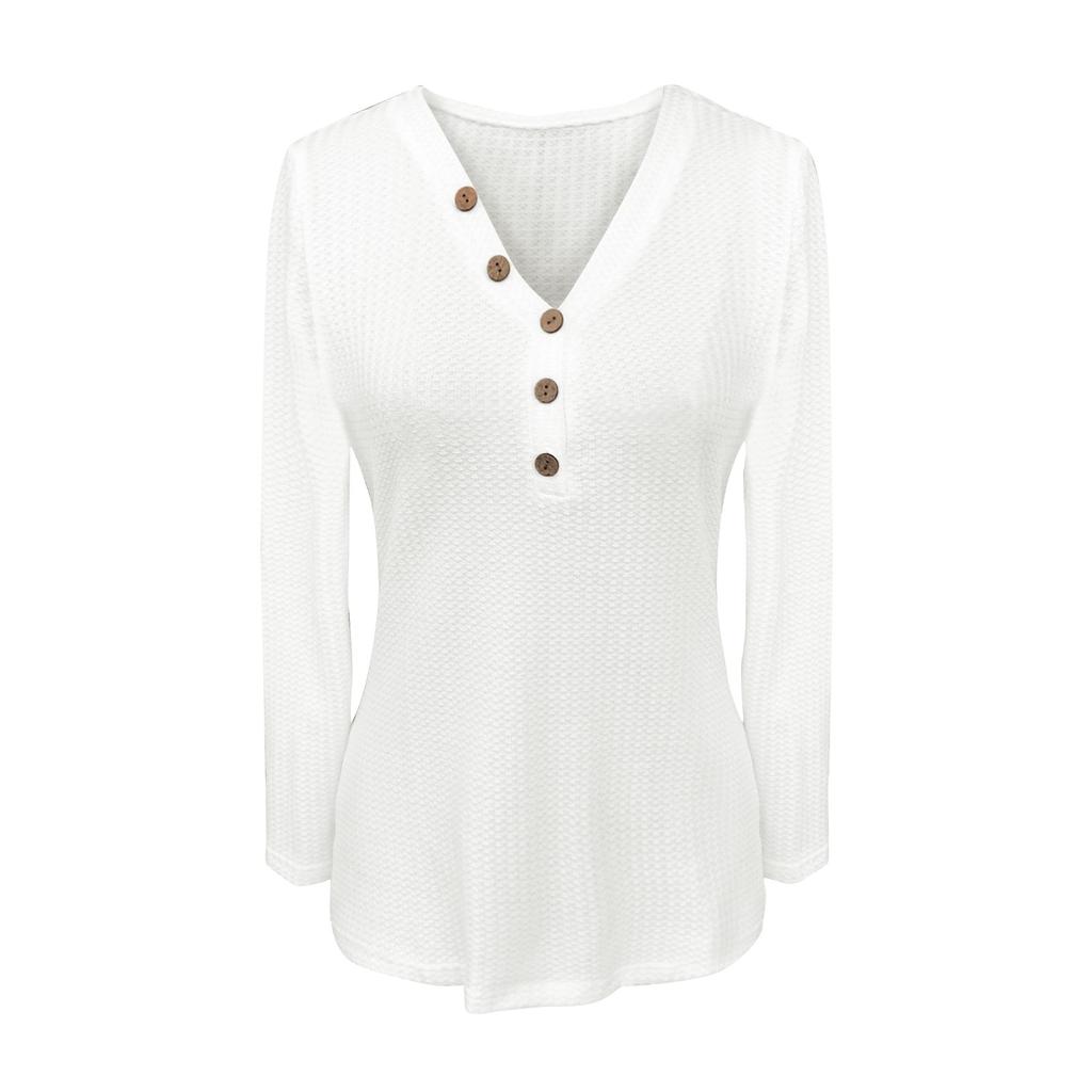 Fall And Winter New Women's Clothing V-neck Button Solid Color Long-sleeved T-shirt Women