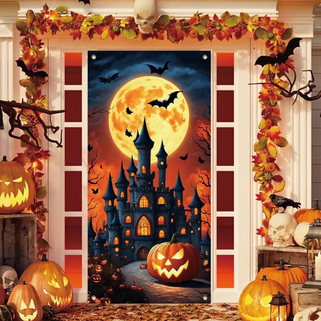 1 piece Halloween door banner decoration full month pumpkin lantern bat castle background