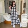 2025 Summer Plaid Casual Oversized Nightdress with Chest Pad Large Size Sleepwear Women's O-Neck Pocket Tank Nightgown Homewear