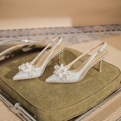 7520-8 [овчина] туфли на высоком каблуке женские тонкие каблуки 2025 новые остроносые пустые сандалии хрустальный цветок свадебная обувь