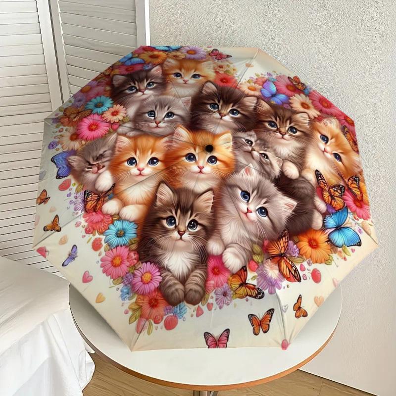 1pc Floral Kittens Butterfly Heart Umbrella with Plastic Handle,Suitable for All Seasons Home Travel Outdoor UmbrellaDD526