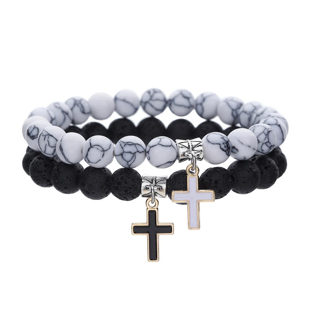 8Mm White Pine Volcano Stone Couple Bracelet Set, Hot Selling Cross Astronaut Pendant Elastic Bracelet