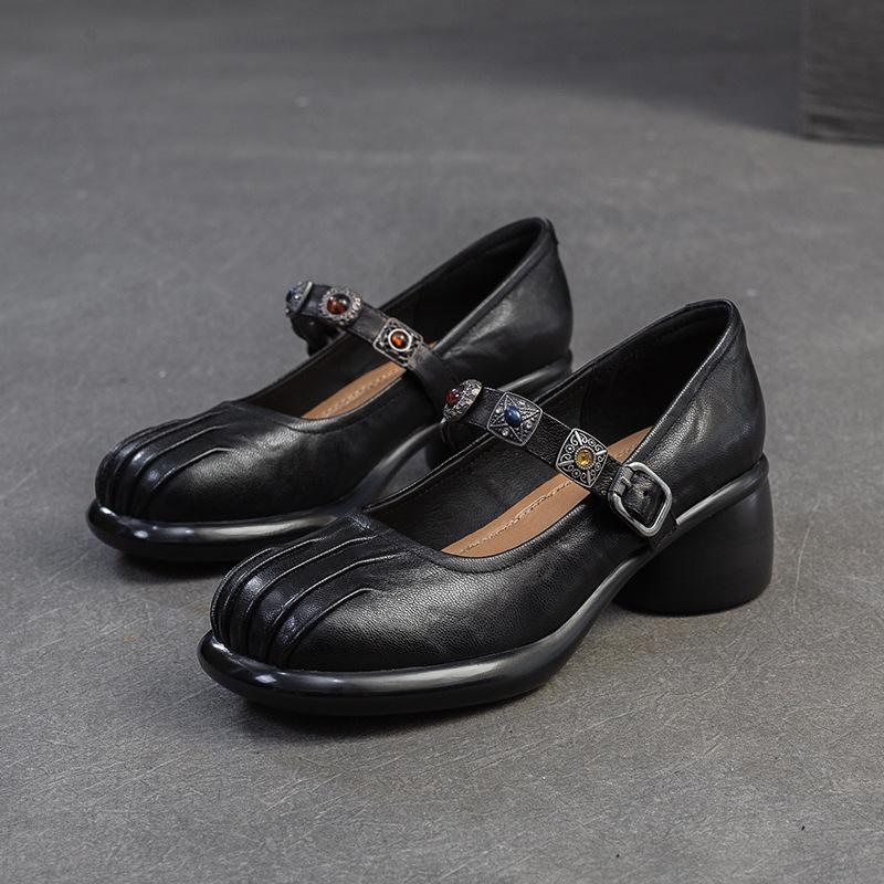 Fashion GKTINOO 2025 Spring New Lolita Genuine Leather Shoes Sweet Round Toe Thick Heel Wrinkled Women's Shoes