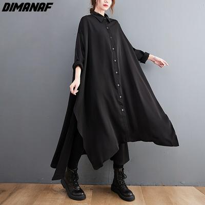 DIMANAF Осеннее платье Женская одежда Платье-рубашка Oversize Хлопок Элегантный женский повседневный свободный винтажный кардиган с длинными рукавами Черный