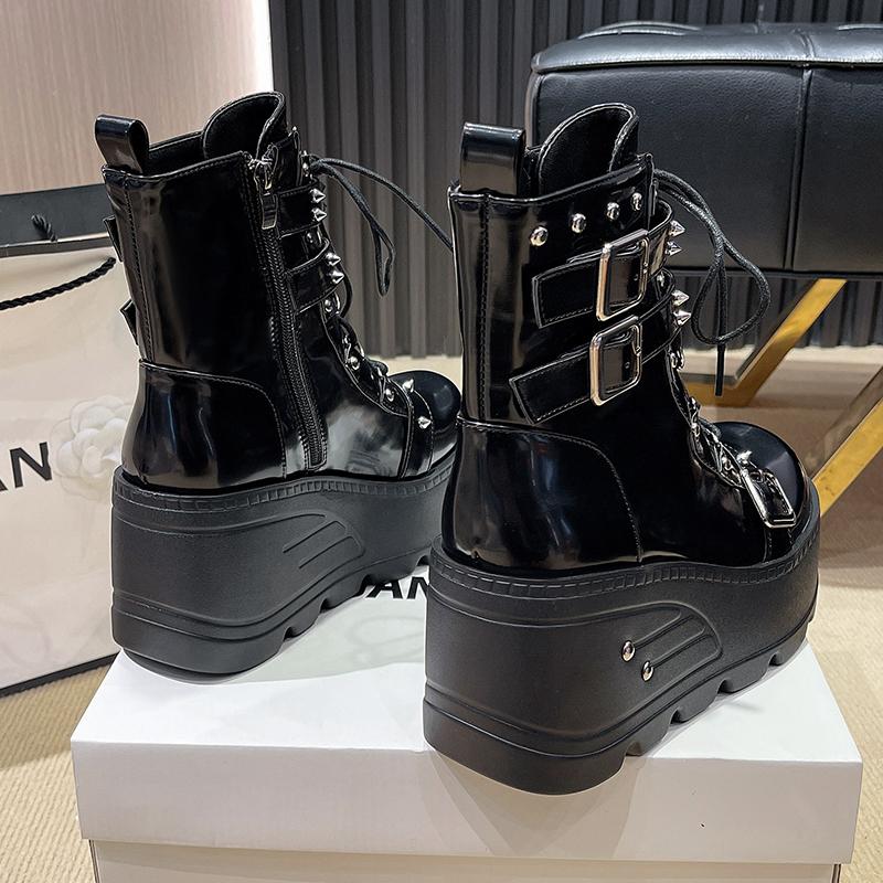 Fashion Platform Boots Goth for Women Lace up Wedge Heel Buckle Ankle Booties Studded Short Motorcycle Boots with Zipper White