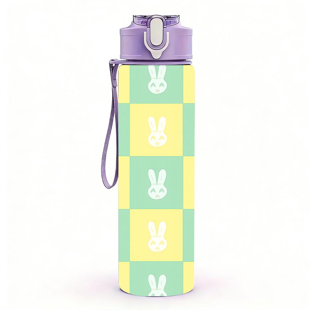 1PC Bunny Checkered Repeat Pattern 750ml Color Plastic Sports Water Bottle Leakproof Flip Straw Lid Suitable for Sports Office Home Use