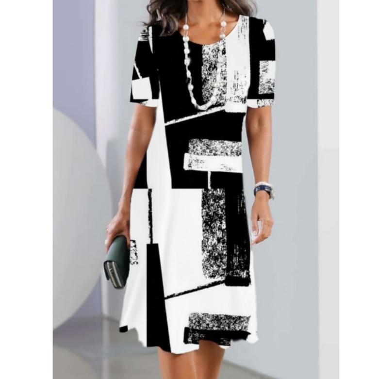 Women's Fashion Summer Spring Flower Pattern Print Short Sleeve O-Neck Casual Dresses