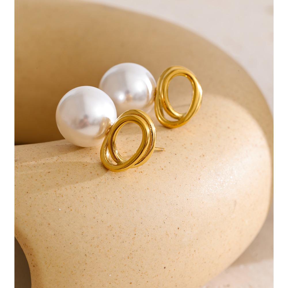 Yhpup New Arrivals Simulated Pearls Round Geometric Stud Earrings Rust Proof Metal Stainless Steel Korean Fashion Daily Jewelry