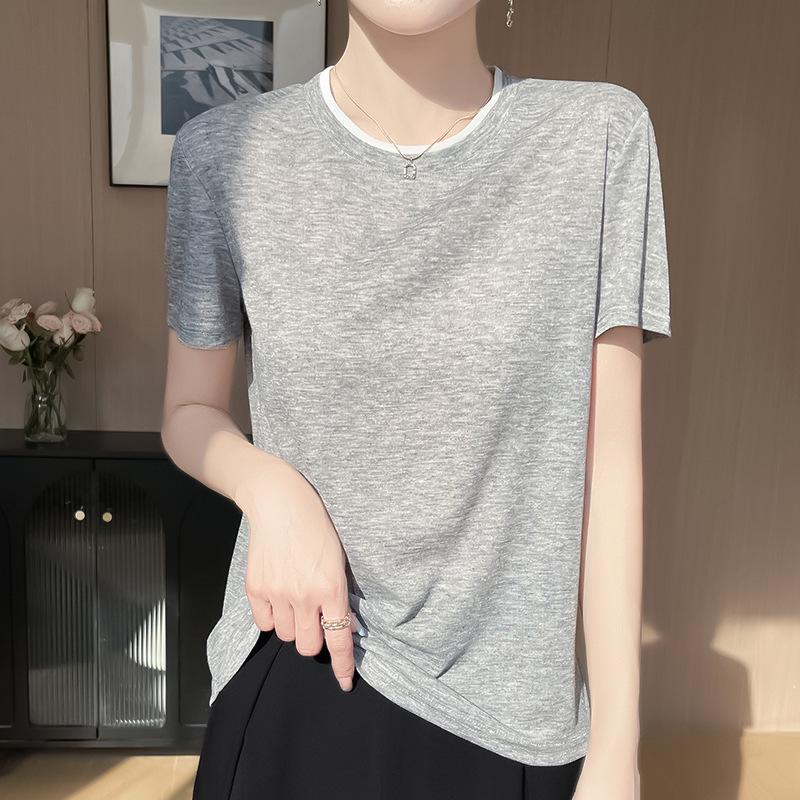 Летний трикотажный женский повседневный топ с круглым вырезом и короткими рукавами в стиле колор-блок