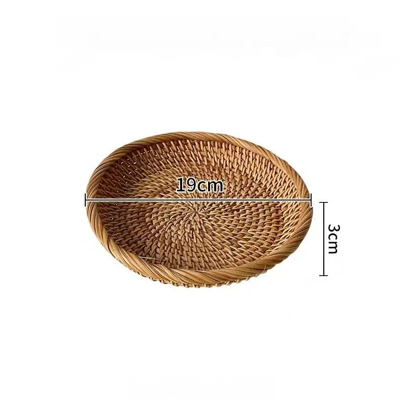 Handwoven Rattan Storage Tray with Wooden Handle Picnic Basket Bread Food Plate Snack Fruit Cake Platter Dinner Serving Tray New