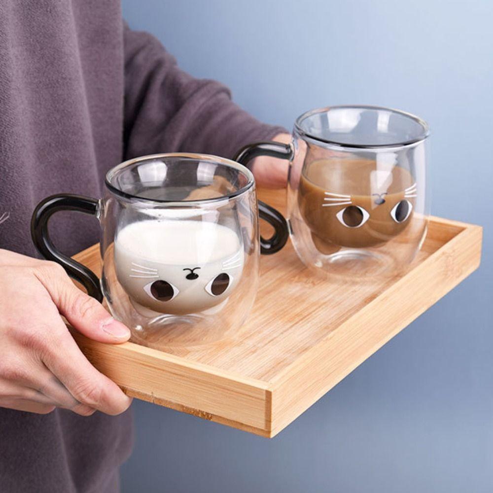 Cartoon Cat Espresso Coffee Cups Glass Water Cups Insulated Coffee Mugs Gift