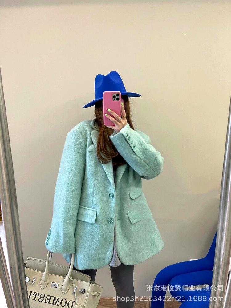 Autumn and winter new product blue fashion jazz top wool felt bare hat ins wind photo wool hat woman