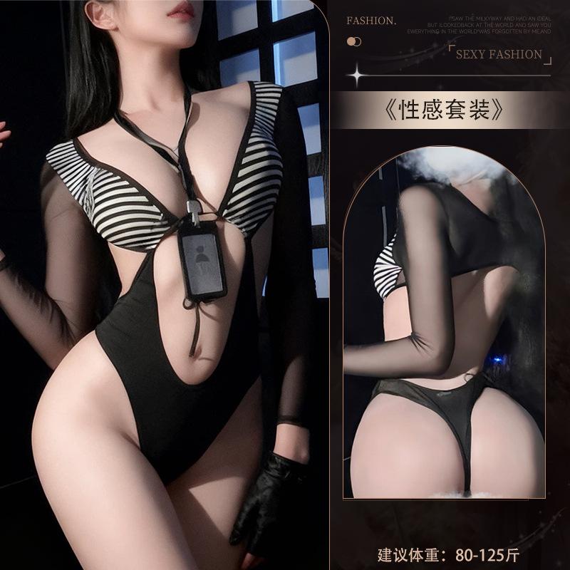 Sexy lingerie sexy secretary tight high elastic pure lust seduction sweet uniform high fork striped pajama suit