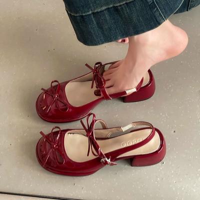 Повседневные туфли Мэри Джейн женская летняя мода лакированная кожа квадратный носок бант маленькие кожаные туфли с мелким вырезом на толстом высоком каблуке туфли-лодочки