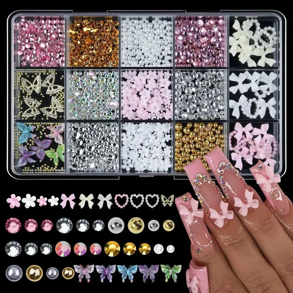 Hot New 3D Nail Art Decoration Kit with Resin Bows, Flat Back Pearls, and Assorted Shapes – Unscented DIY Craft Embellishments