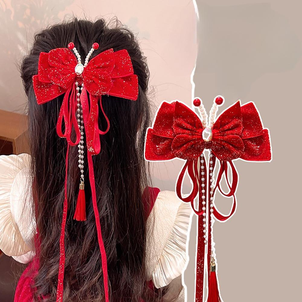 Headwear Red Bow Hair Clips Jewelry Tassels Pearl Barrettes Ribbon Hairpin Hair Styling Accessory
