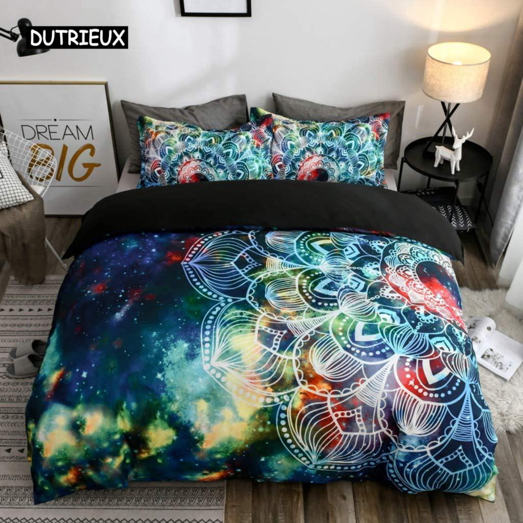 Mandala Buddha Duvet Cover Set,Bohemian Bedding Set Golden Black Lotus Flowers Print Luxury Microfiber Polyester Comforter Cover