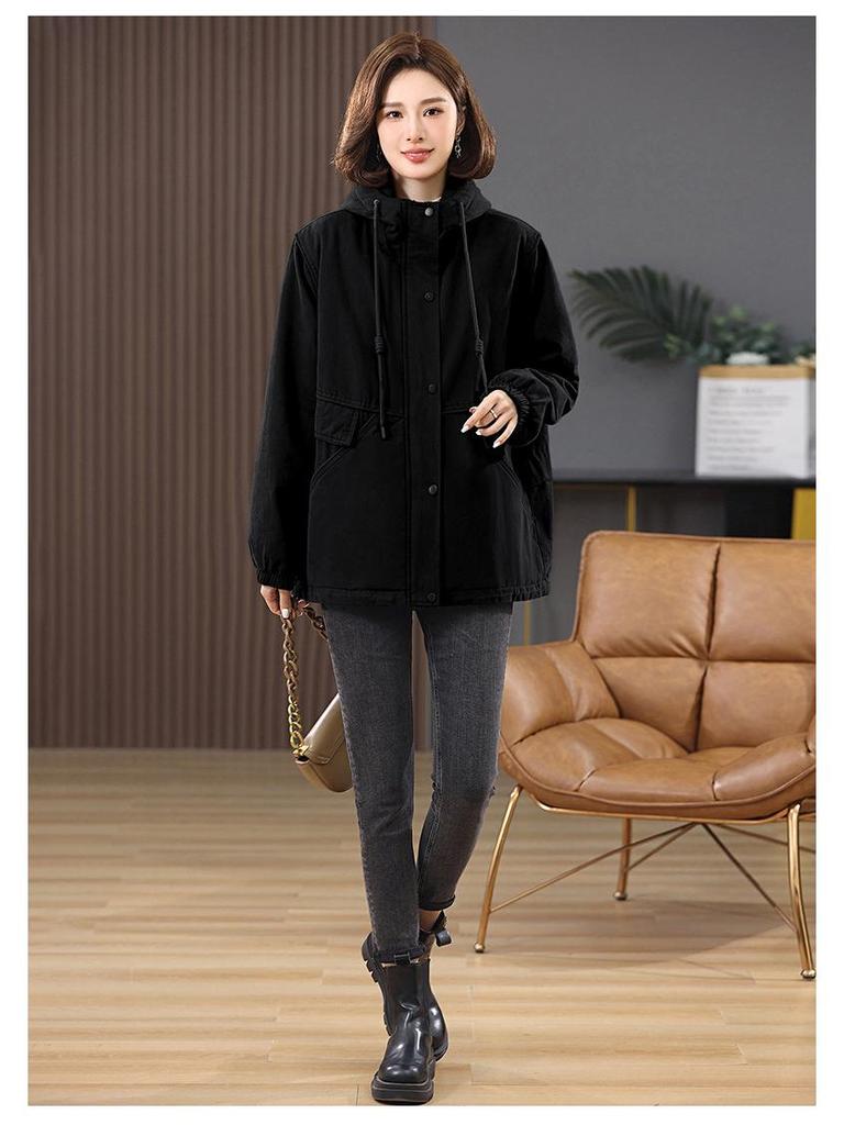 Женская хлопковая парка средней длины с капюшоном 2024 года - На флисовой подкладке, однотонная, повседневного свободного кроя, зимнее пальто