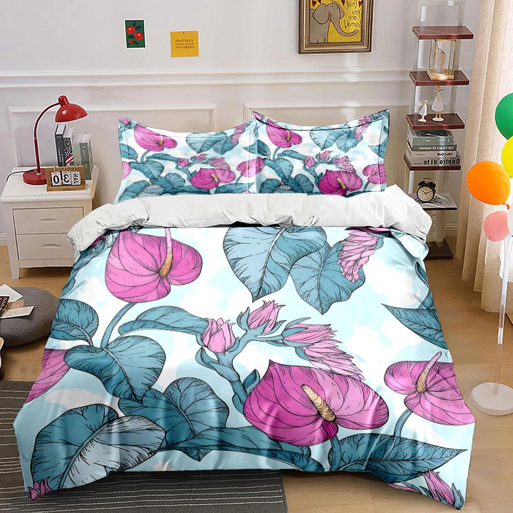 Цветочный постельный комплект для детей в синих тонах с тематикой антуриума, роскошный подарок, 3 предмета, комплект с цифровой печатью, мягкий, удобный