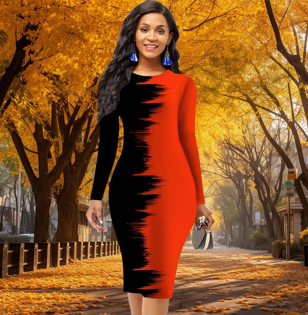 Длинный рукав, облегающее, офисное, облегающее, двухцветное, с принтом, элегантное, облегающее платье