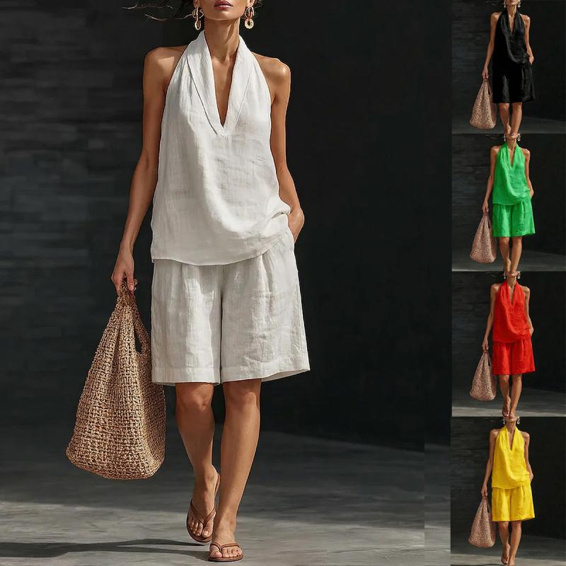 Women's V-neck Vest Shorts Holiday Casual Two-piece Set