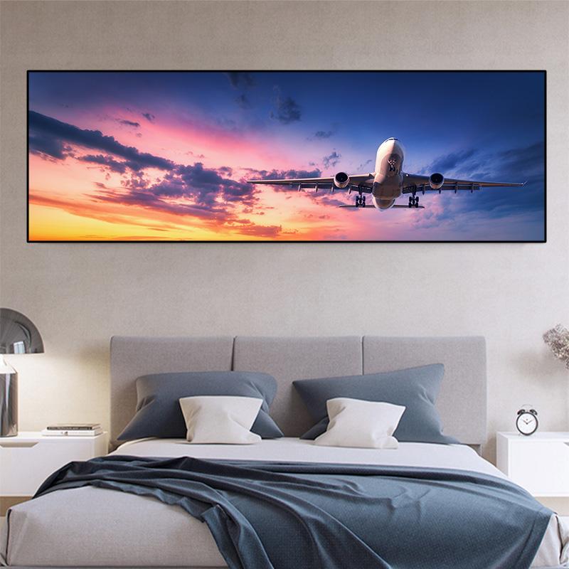 Landscape Airplane Sunset Clouds Orange Sky Canvas Painting Posters and Prints Wall Art Pictures Living Room Home Decor No Frame