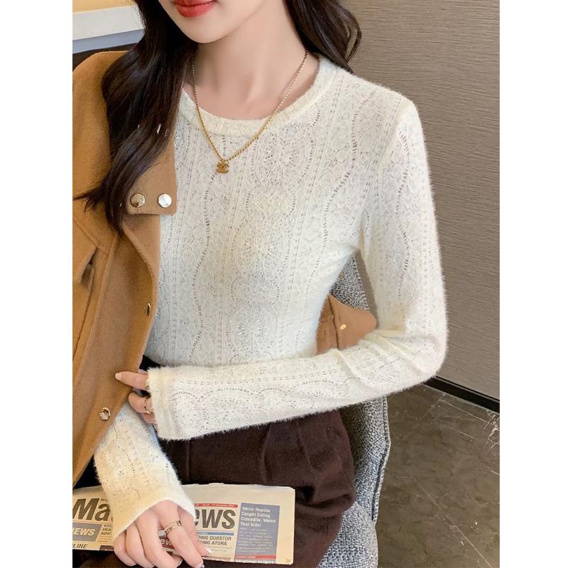 Женская одежда весна осень корейская мода элегантный кружевной ажурный базовый топ женский однотонный O-образный вырез длинный рукав тонкий пуловер топы