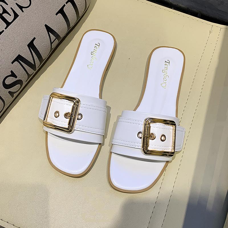 Slippers Women's Summer Is Good To Wear Square Buckles, One-word Drag Women's Flat-bottomed Sandals Are Fashionable and Casual