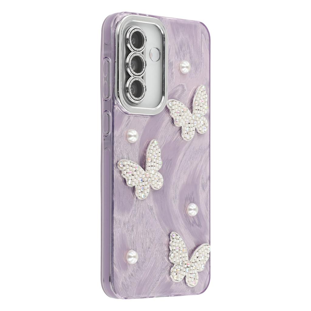 For Samsung Galaxy S25/S24 Case Butterfly Pearl Decor IMD PC+TPU Phone Cover with Glass Lens Film