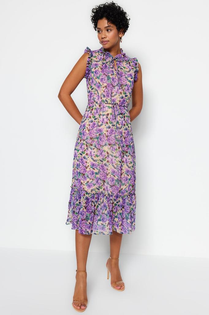 Женское модное новое платье Желтое шифоновое тканое платье трапециевидной формы с цветочным узором на подкладке миди